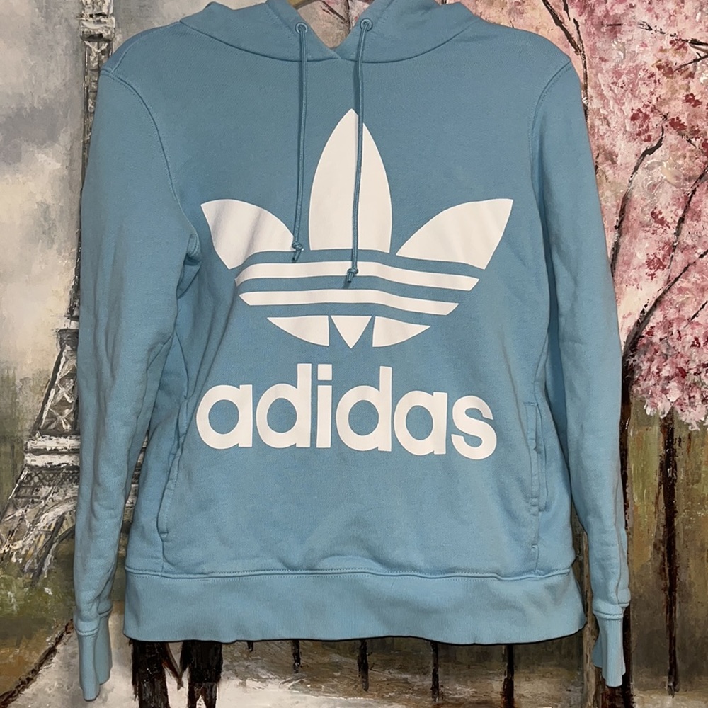 ADIDAS Trefoil Clear Blue Womens Hoodie w Screened Logo on Front sz S EUC